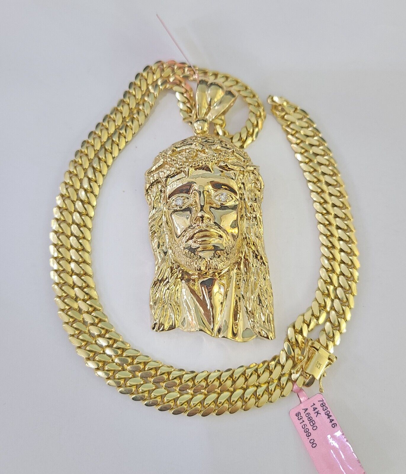 Real 14k Solid Chain Jesus Head Charm Set Miami Cuban Link 6mm Necklace Pendant