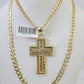 10k Gold Chain Last Supper Cross Charm Solid Cuban Curb 5mm 18"-28" Inch SET