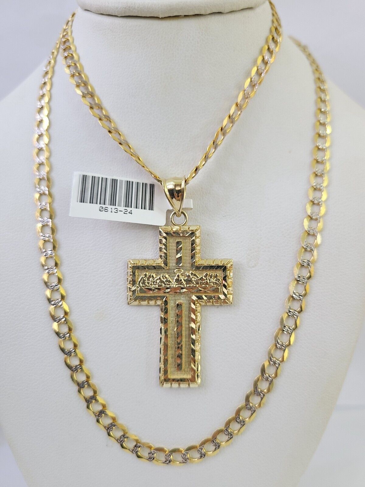 10k Gold Chain Last Supper Cross Charm Solid Cuban Curb 5mm 18"-28" Inch SET