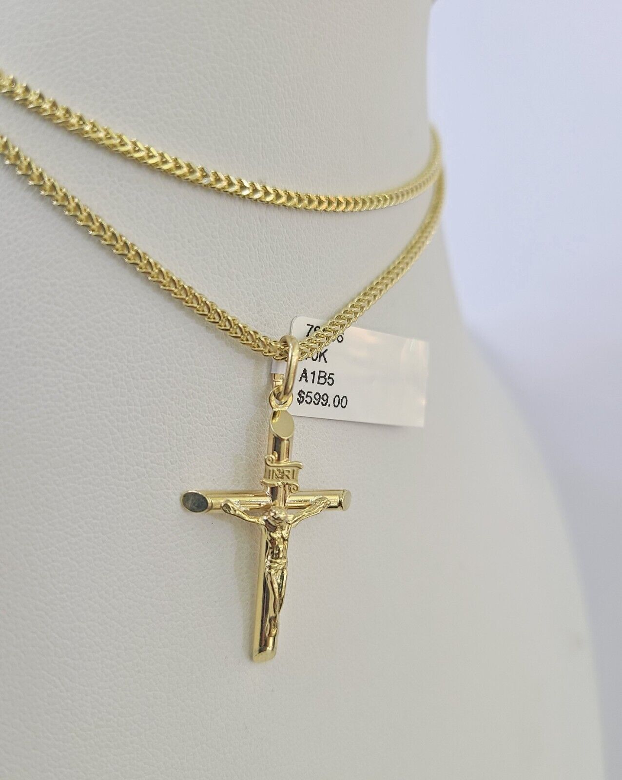 10K Franco Chain INRI Jesus Cross Pendant Charm Necklace 16"-24" 2mm Gold SET