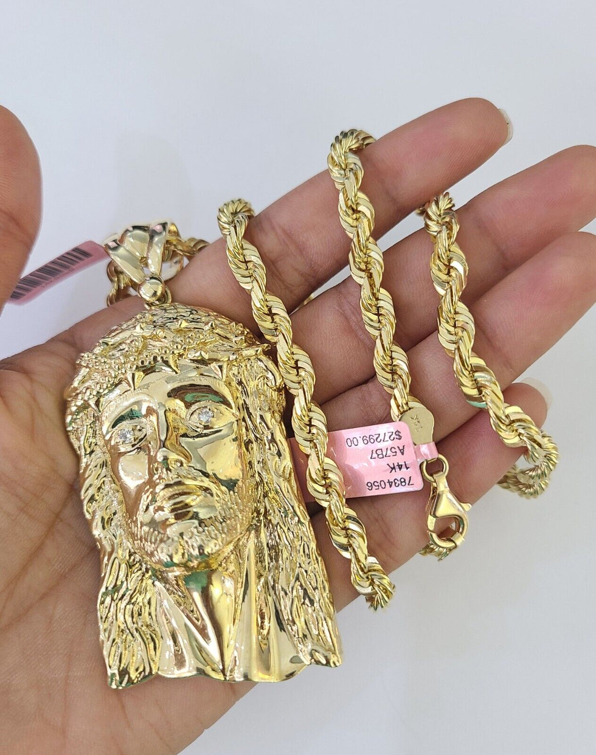 Jesus Rope Silver Chain Real 14k Solid Rope Chain Jesus Head Charm Set 6mm 18