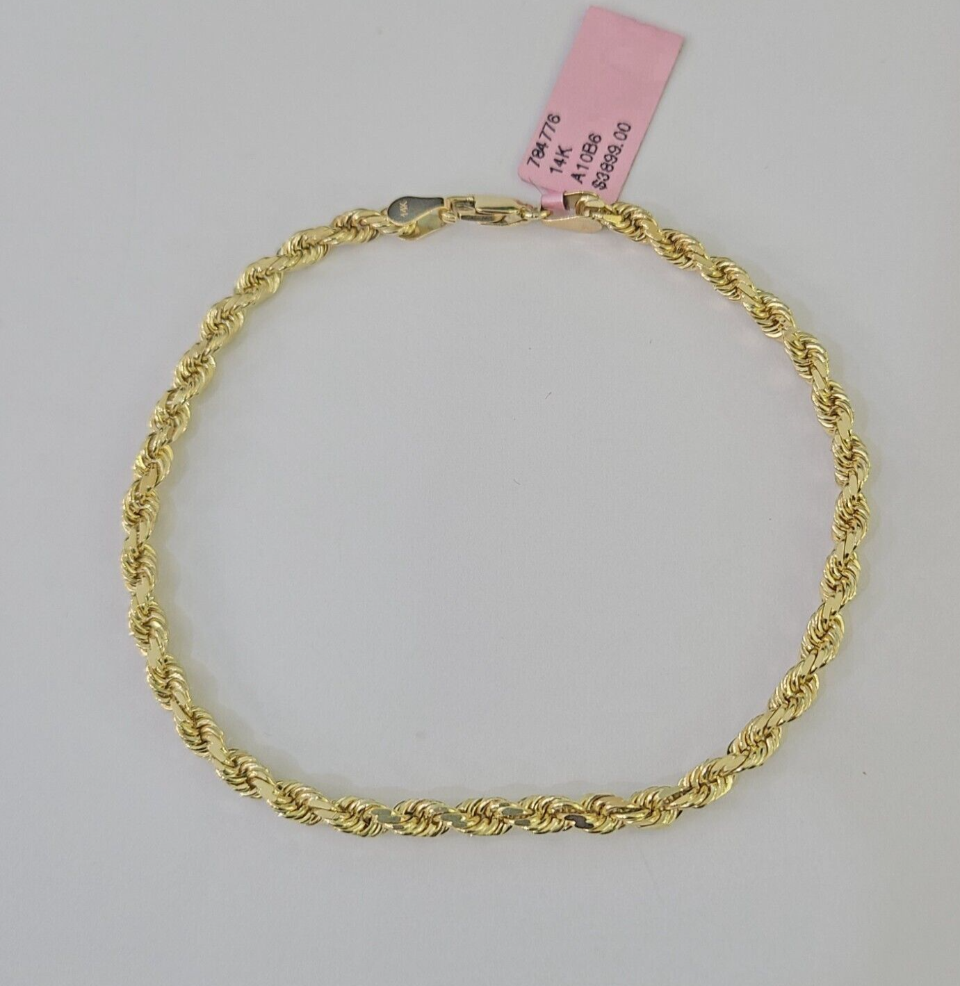 Real 14k Rope Bracelet Solid Yellow Gold 4mm 8.5 Inch Men women Diamond Cut