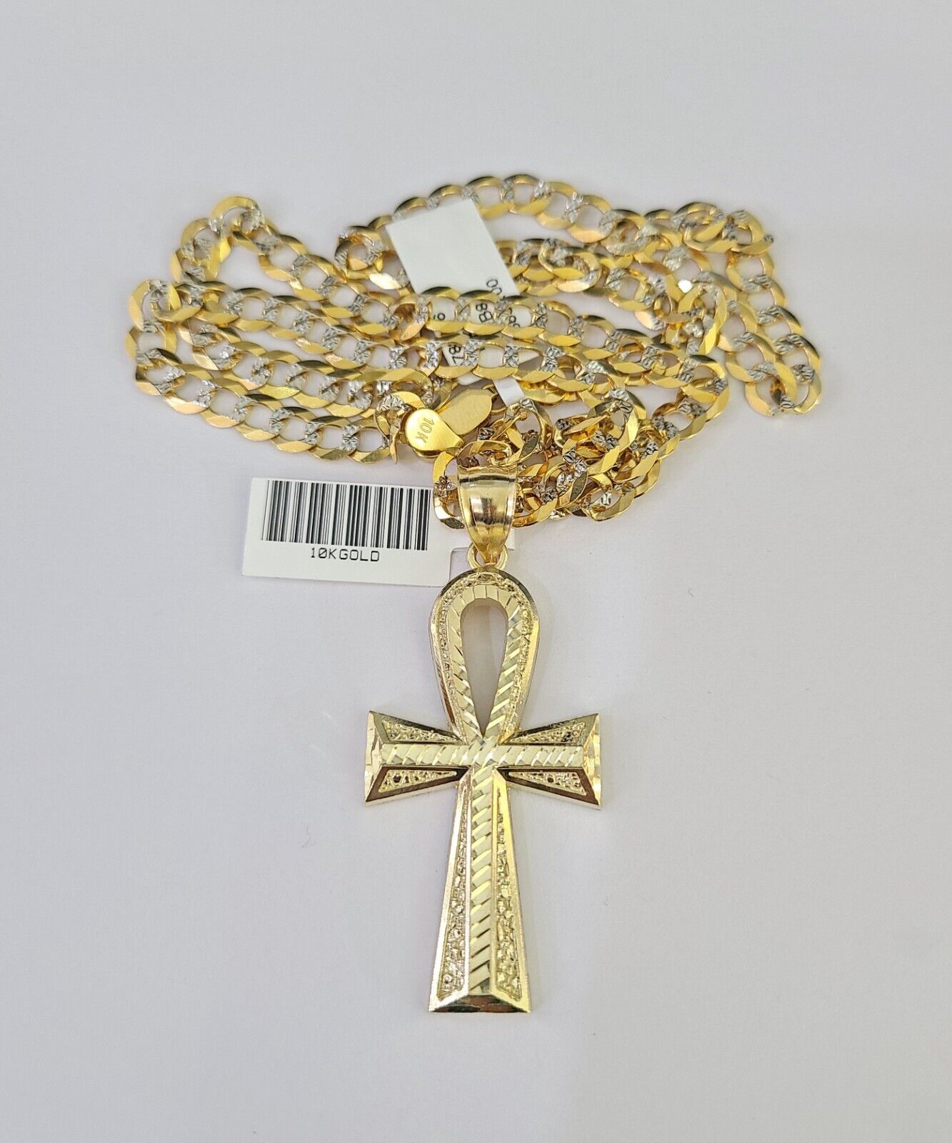 Solid 10k Gold Cuban Curb Link Chain Ankh Cross Pendant 6mm 20"-30" SET Necklace