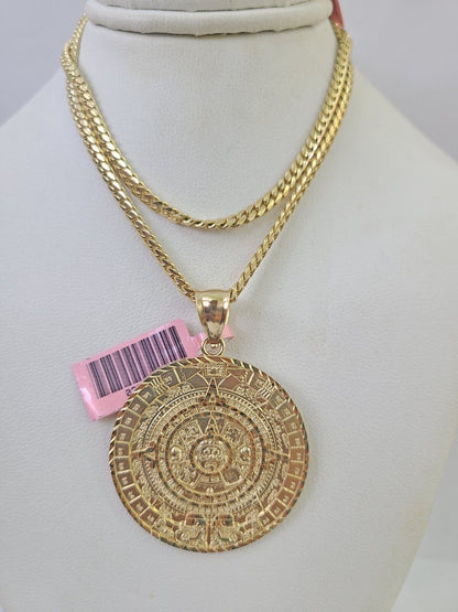 Real 14k Solid Chain Mayan Calendar Charm Set Miami Cuban 3mm Necklace Pendant