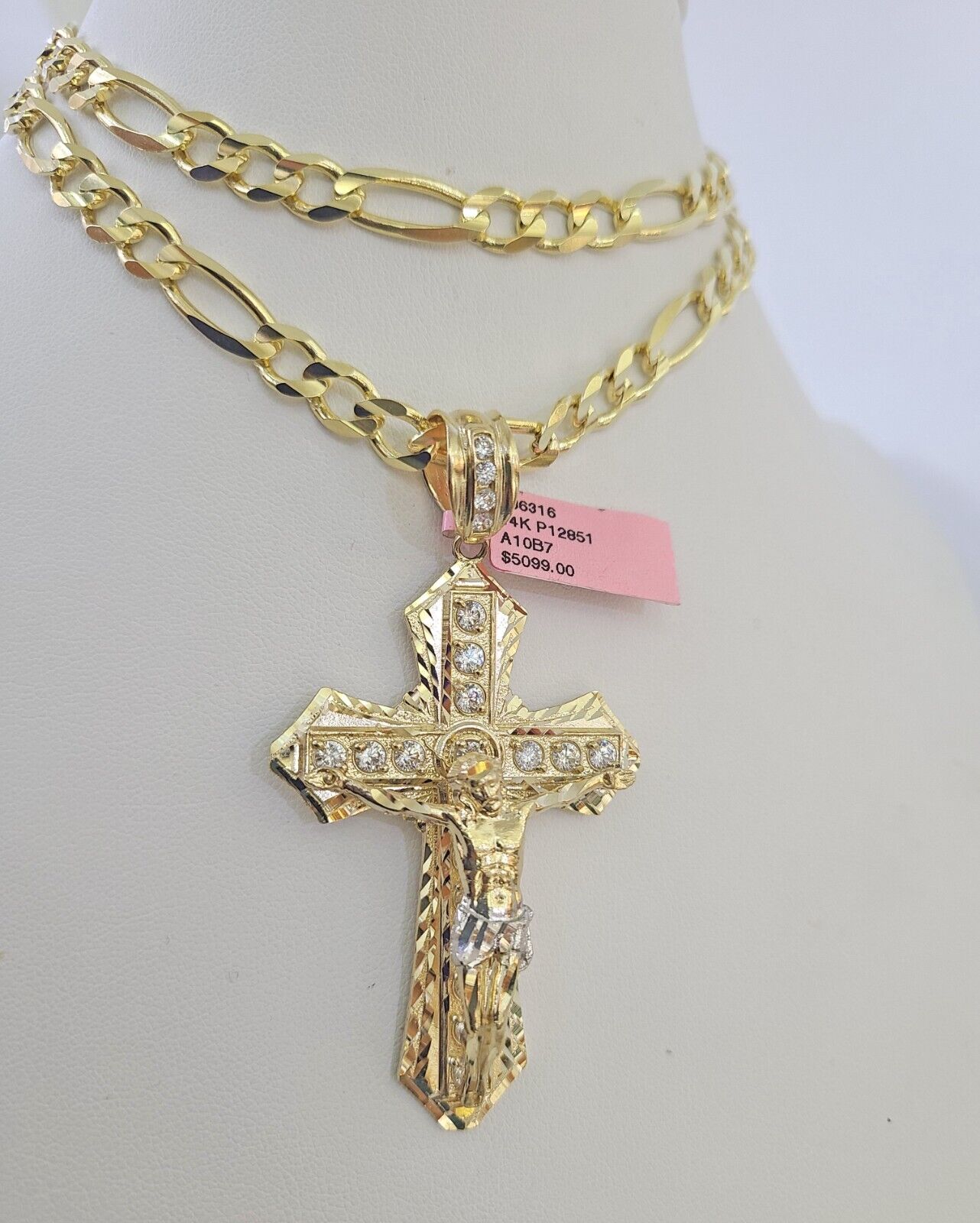 14k Solid Figaro Chain Jesus Cross Pendant Gold 7mm 20-30 inch SET Necklace