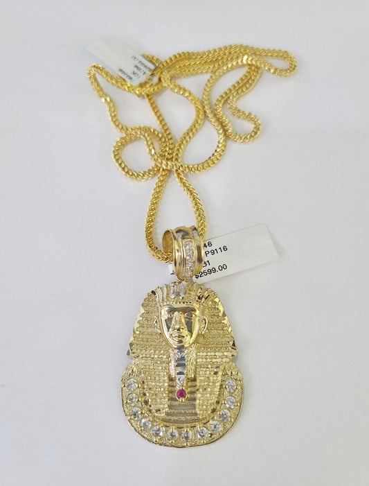 10K Franco Chain Pharaoh Head Pendant Charm Necklace 20"-26" 2.5mm Yellow Gold