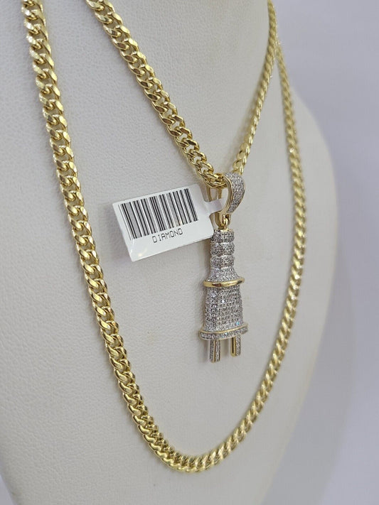 10k Miami Cuban Chain Plug Socket Charm Diamond Set 4.5mm 20"-28" Necklace Gold