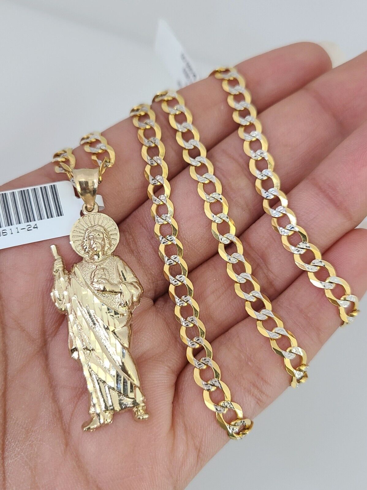 10k Gold Necklace Chain Saint Jude Charm Solid Cuban Curb 5mm 18"-28" Inch SET