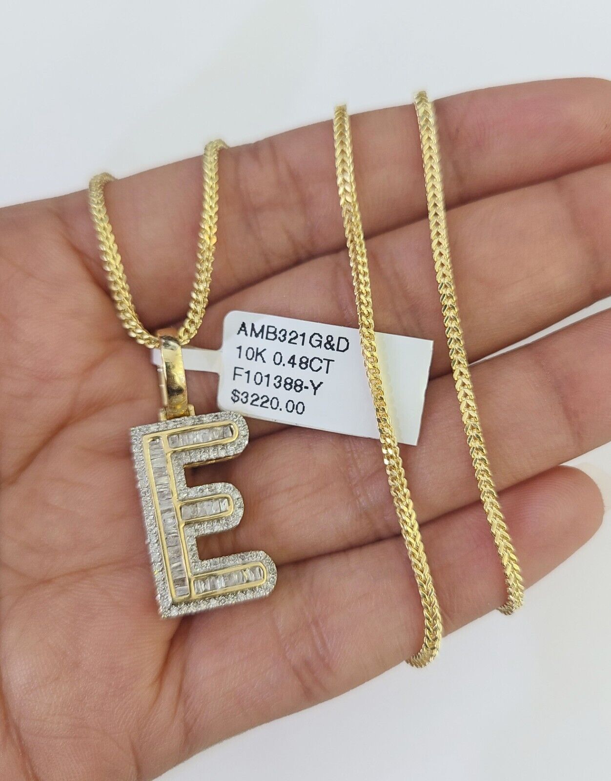 10K Franco Chain Diamond E Pendant Initial Charm Letter Necklace 18"-24" 1.5mm