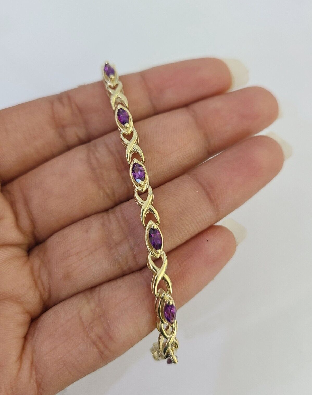 Real 10K Yellow Gold Purple Tennis Bracelet 4mm 7.5 Inches 10kt Gold