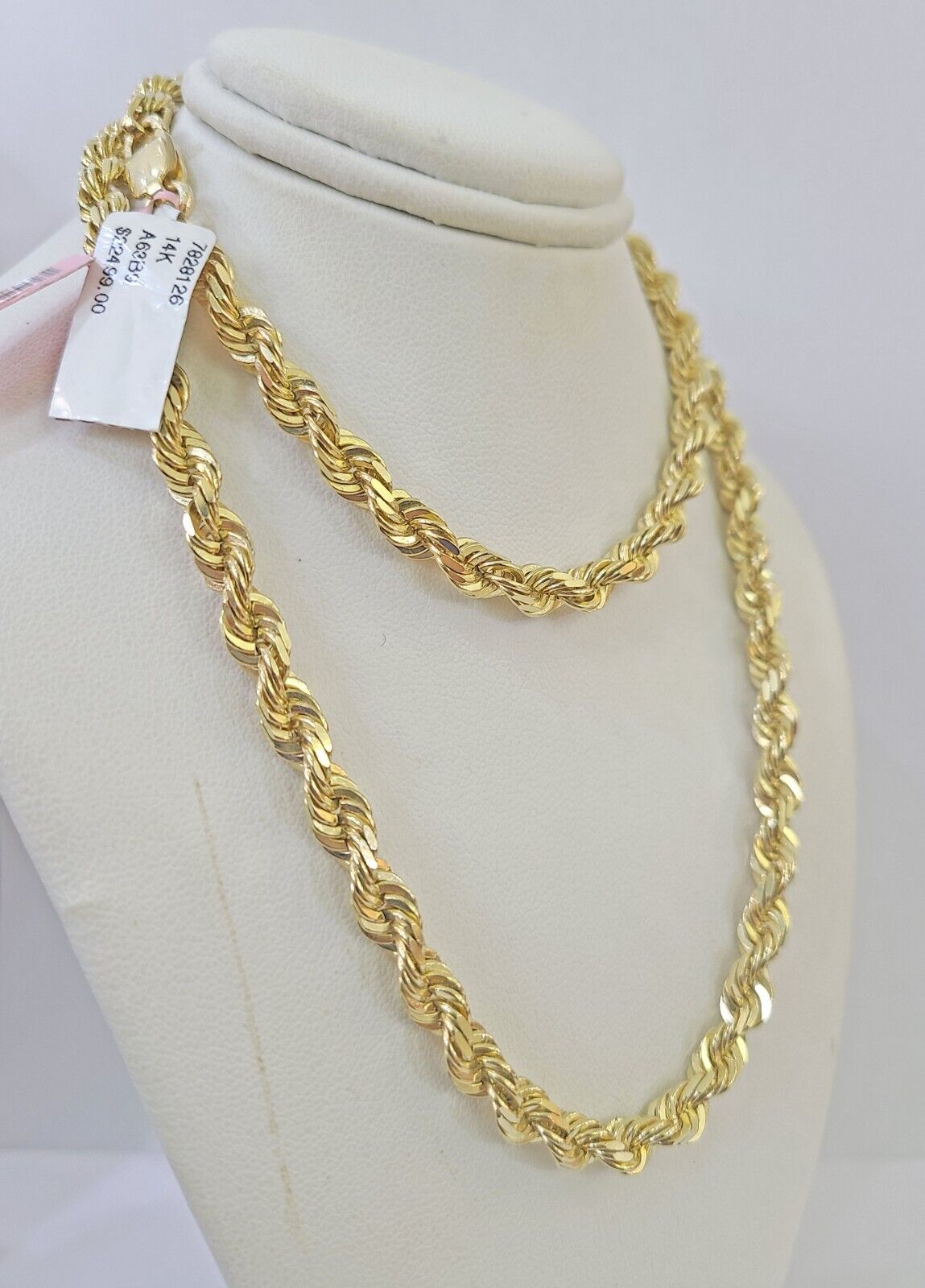 Real 14k Yellow Gold necklace Rope Chain 5mm 22 inch Diamond cut Genuine Solid