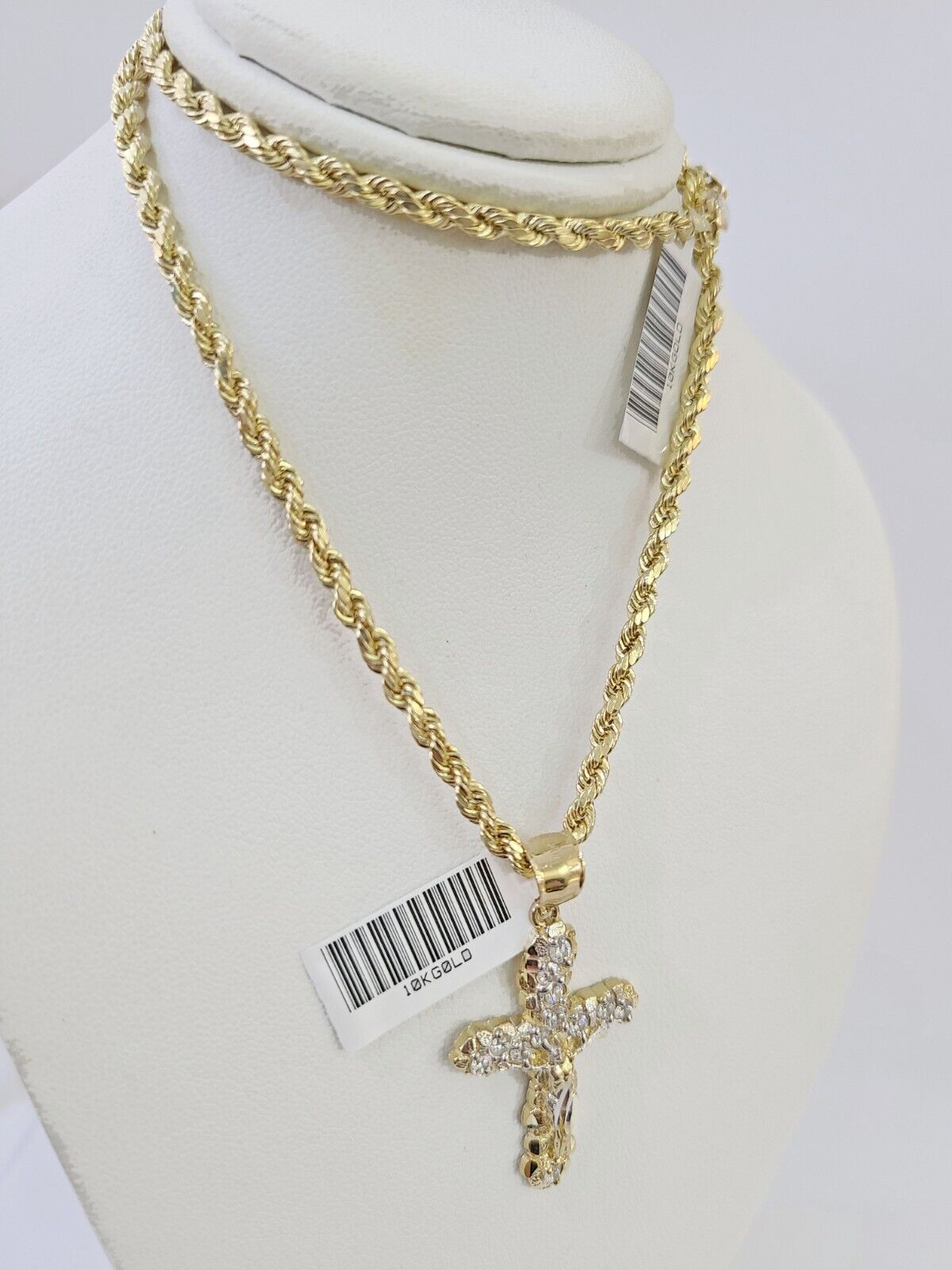 Gold 10K Rope Chain 3mm Length 18" 20" 22" 24" 26" 28" 30" & Cross Charm