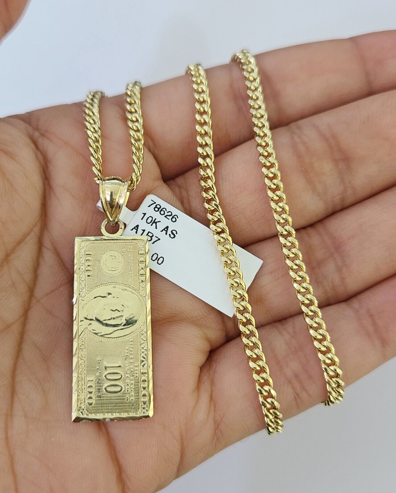 10K Gold Miami Cuban Chain 100 Dollar Bill 18"-28" 3mm REAL Pendant Necklace SET