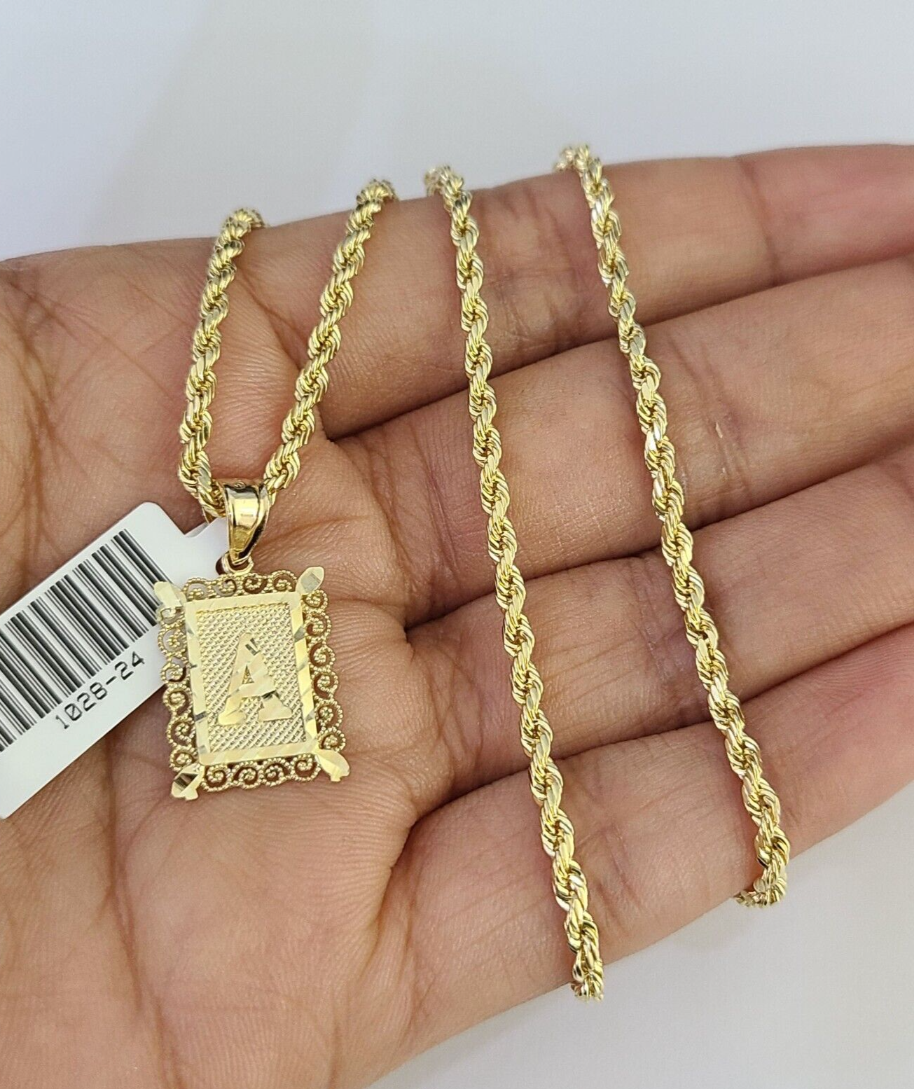 10k Gold Initial A Charm Rope Chain 16"-26" 2.5mm SET Necklace Alphabet Pendant