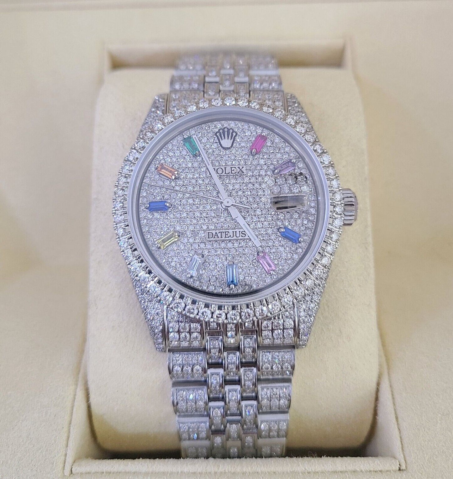 ROLEX Mens Datejust Rainbow Dial Iced Out Fully Load Genuine Diamonds 36mm Watch