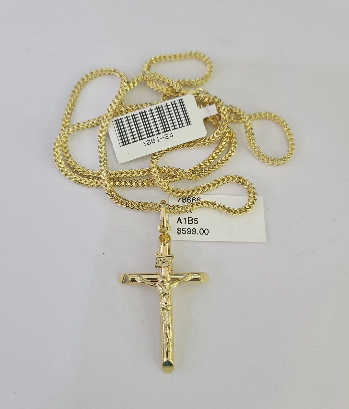 10K Franco Chain INRI Jesus Cross Pendant Charm Necklace 16"-24" 2mm Gold SET