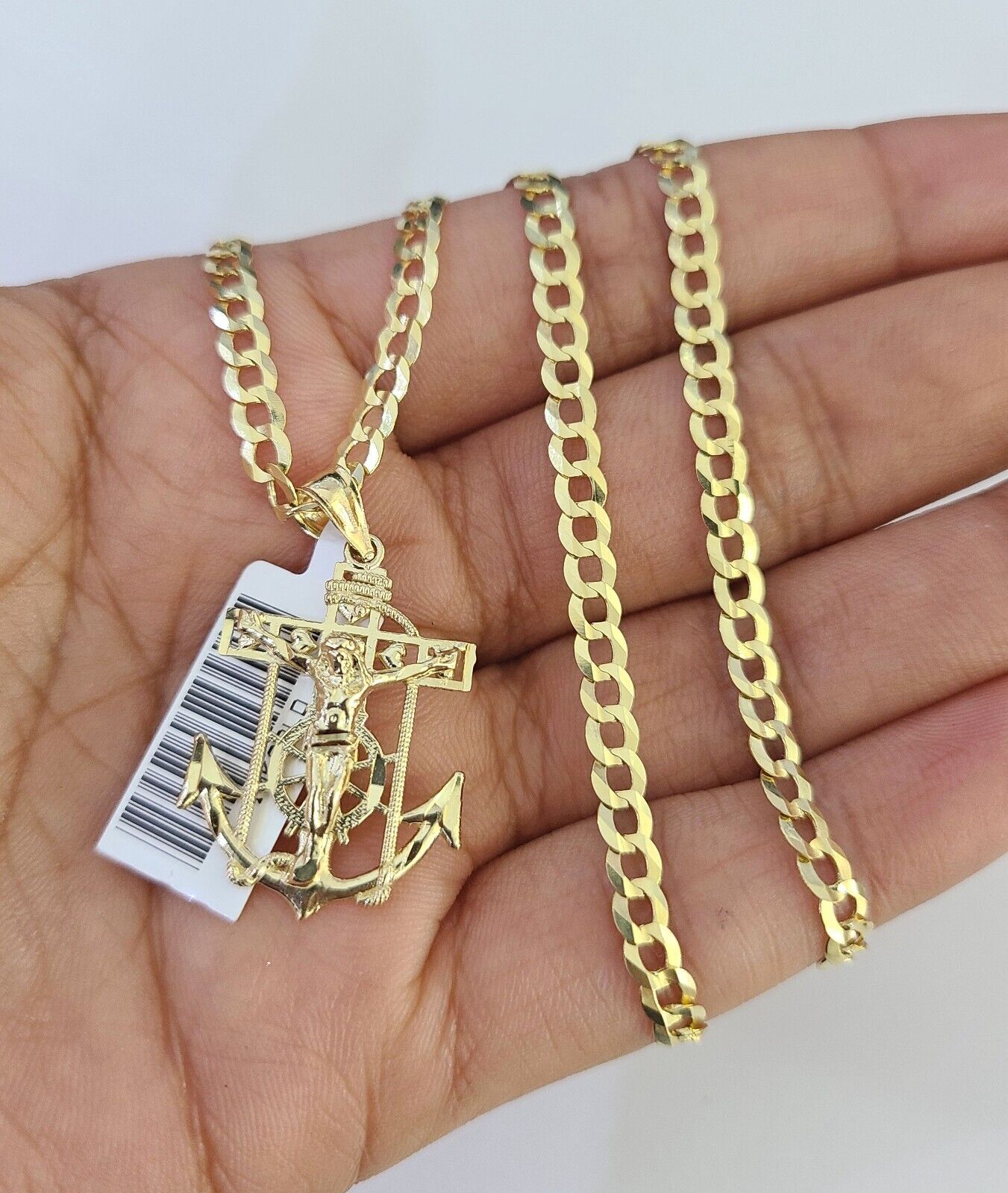 10k Gold Cuban Curb Chain Jesus Anchor Charm Solid 4mm 18"-28" SET Necklace