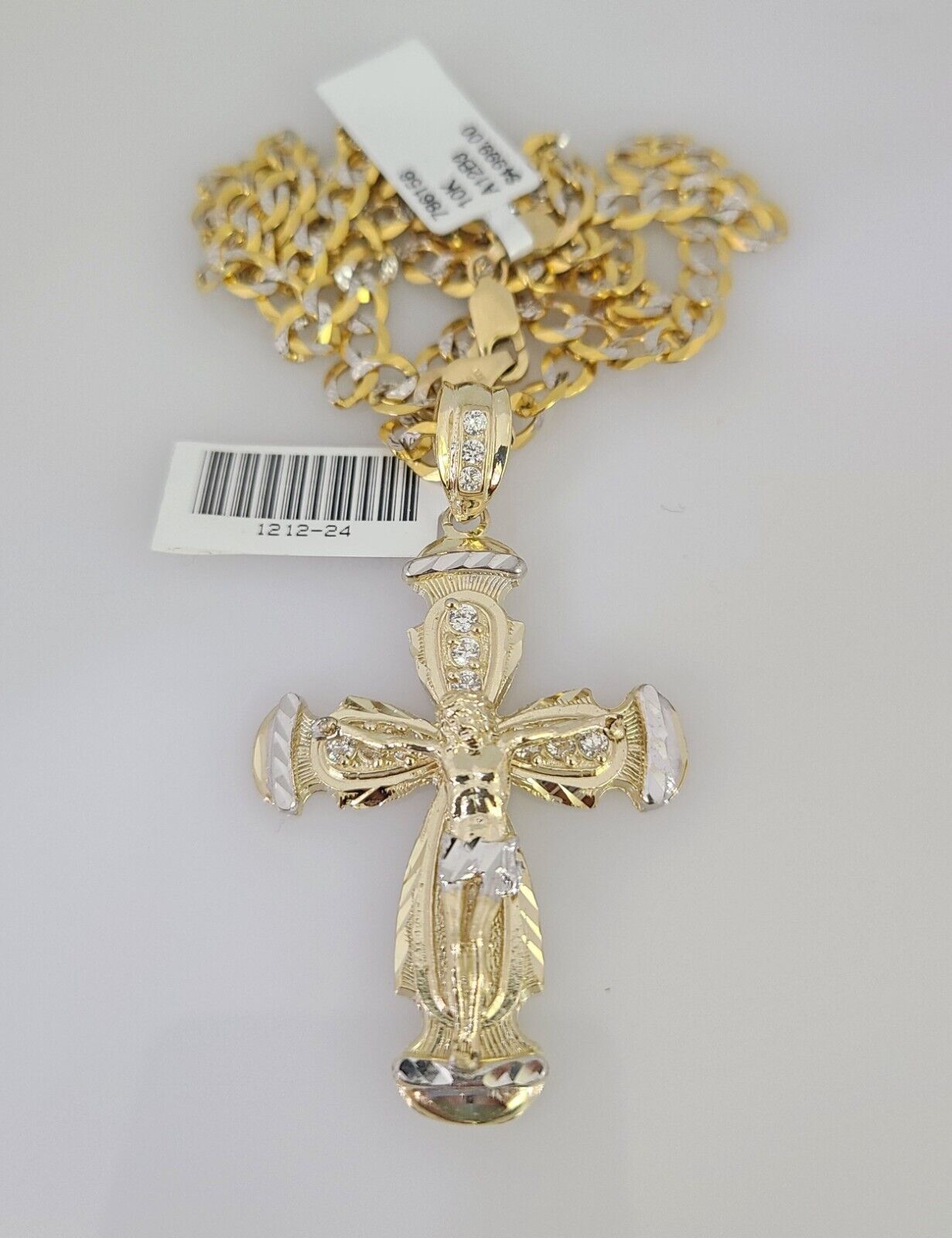 10k Gold Chain Jesus Crucifix Cross Charm Solid Cuban Curb 5mm 18"-28" Inch SET