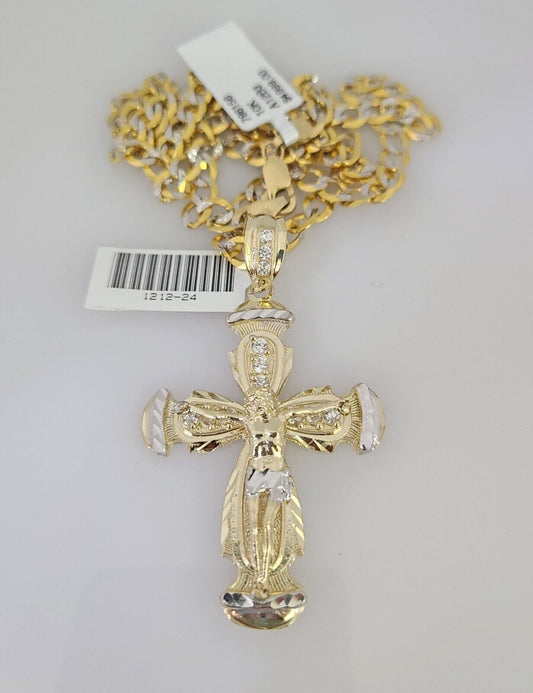 10k Gold Chain Jesus Crucifix Cross Charm Solid Cuban Curb 5mm 18"-28" Inch SET