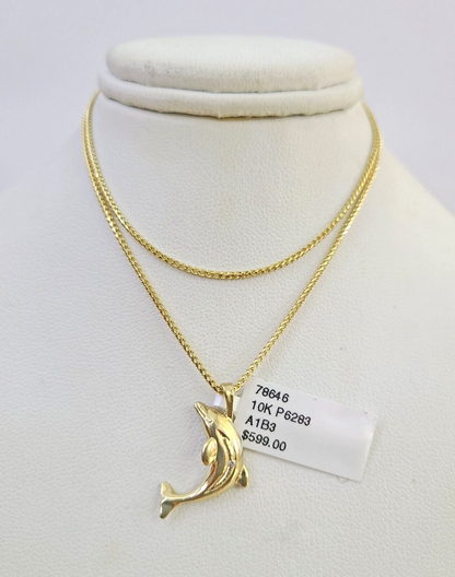 10K Solid Franco Chain Dolphin Pendant Charm Necklace 16"-22" 1mm Gold