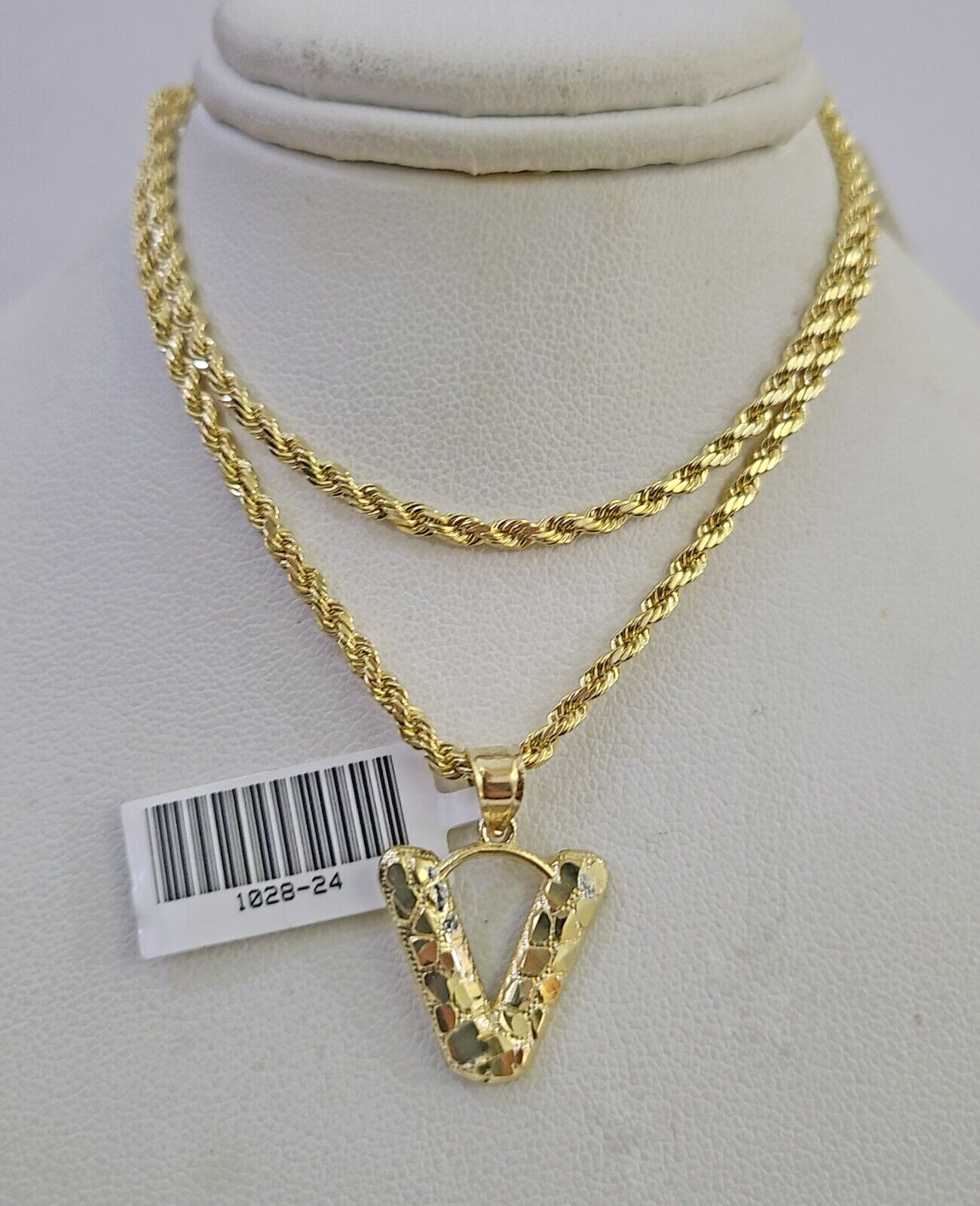 10k Gold Initial V Charm Rope Chain 16"-26" 2.5mm SET Necklace Alphabet Pendant