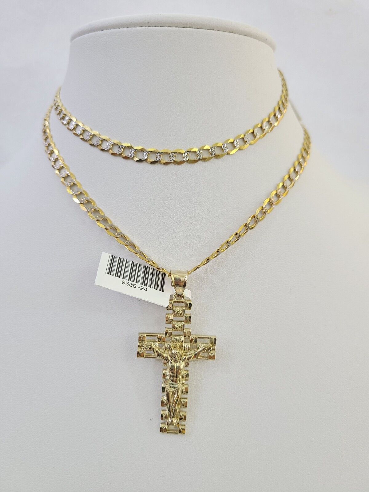 10k Gold Chain Cross Charm Solid Cuban Curb Link 5mm 18"-28" Inch DiamondCut SET