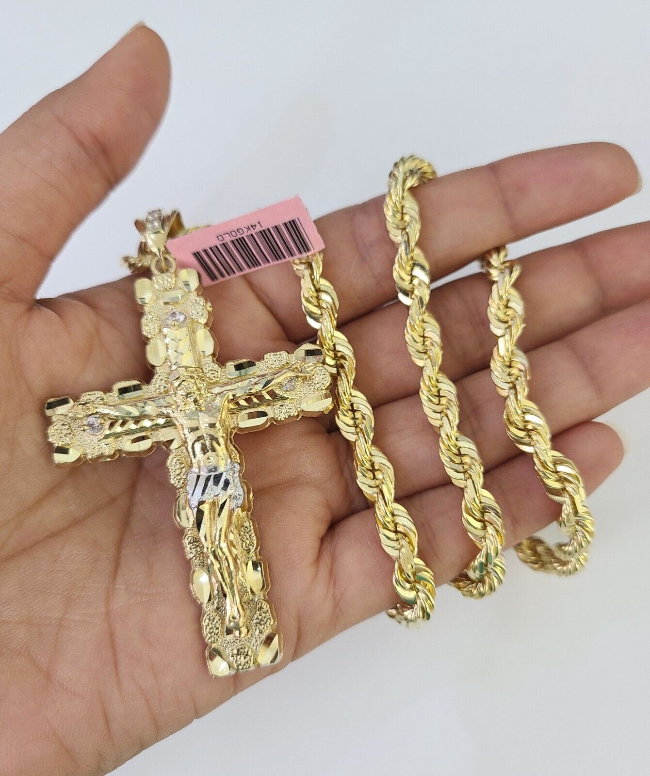 Real 14k Solid Rope Chain Jesus Cross Charm Set 6mm 18"-30" Necklace Gold