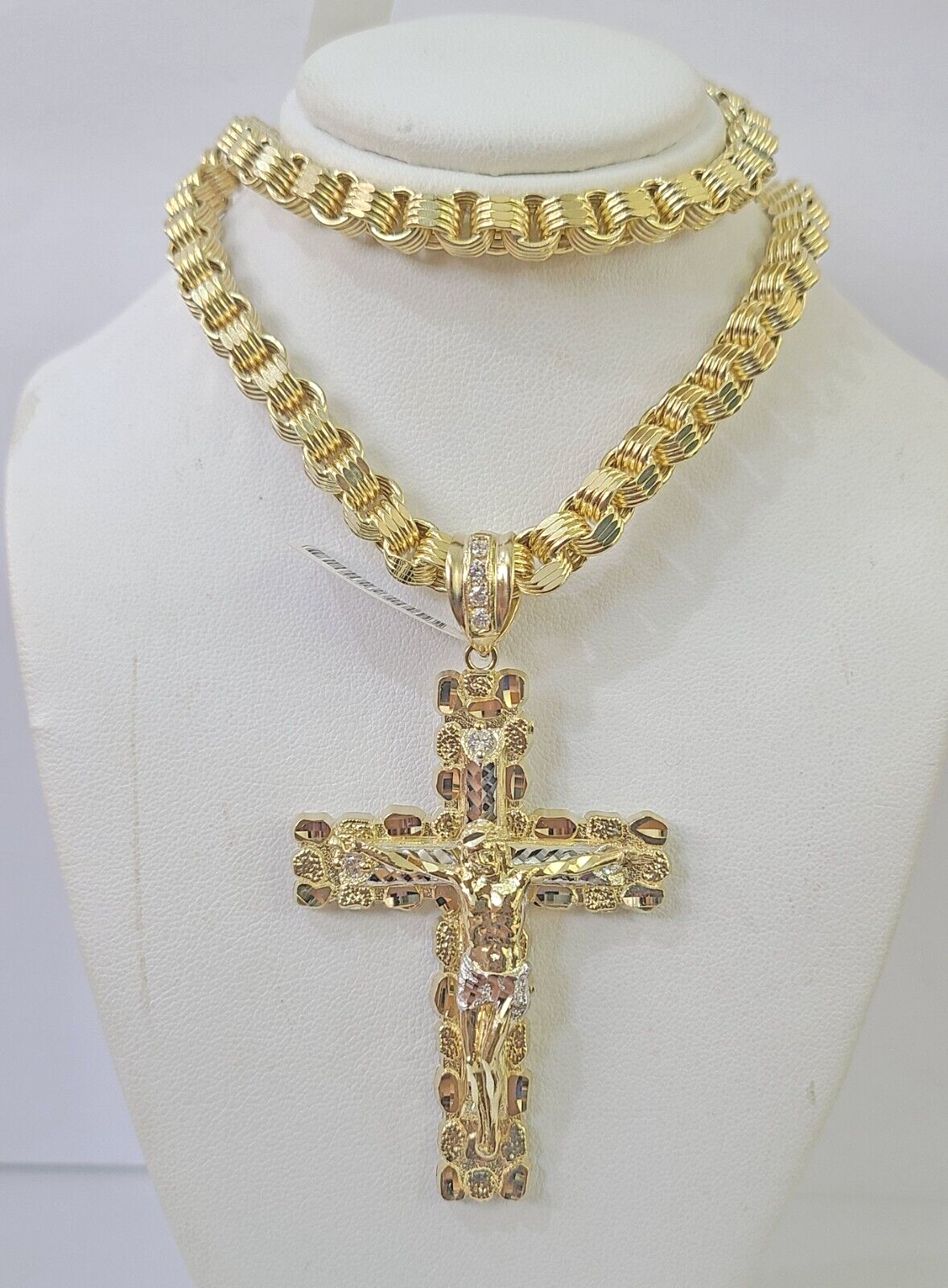 Real 10k Gold Nugget Cross Byzantine Chain Necklace 6mm 24" Chain SET Yellow