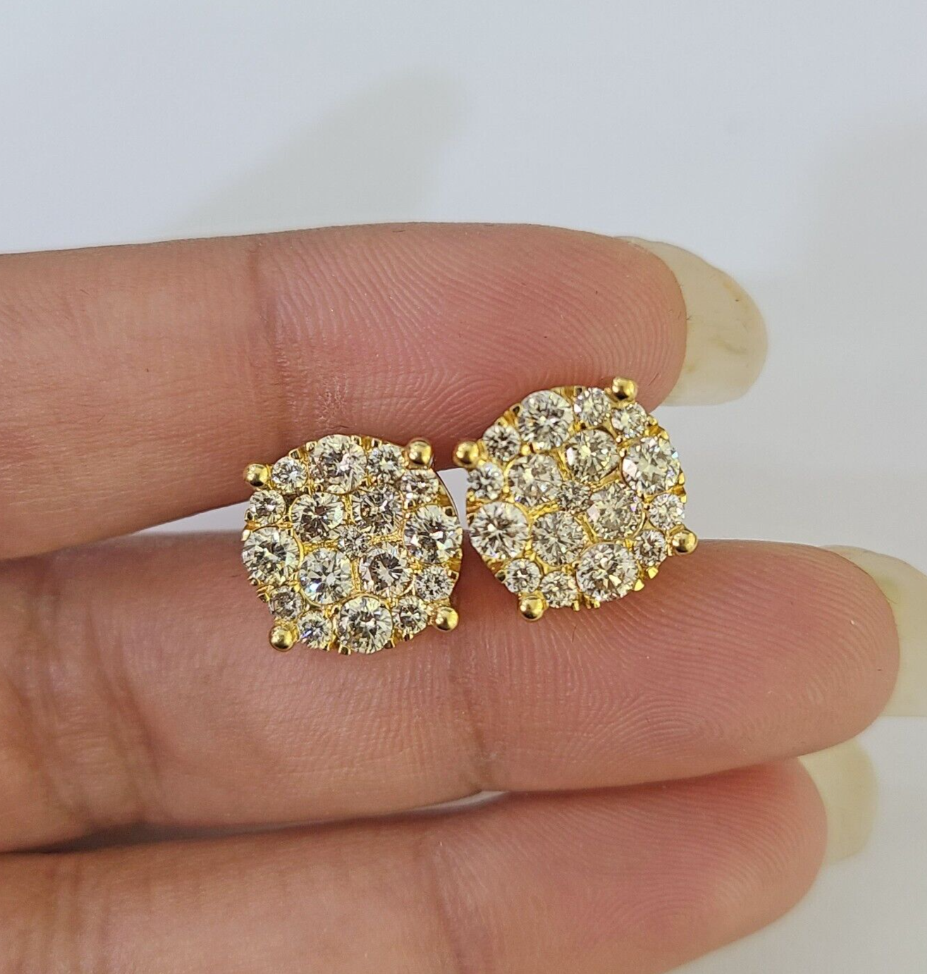 10k Yellow gold Flower Earrings Real Diamond screw-back Women Men studs