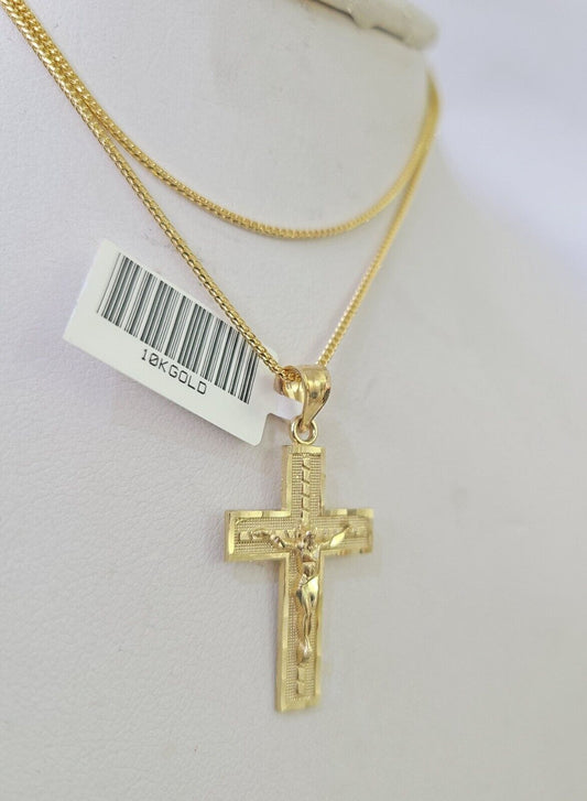 10K Solid Franco Chain Jesus Cross Pendant Charm Necklace 18"-24" 1.5mm Gold