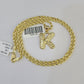 10k Gold Initial K Charm Rope Chain 16"-26" 2.5mm SET Necklace Alphabet Pendant