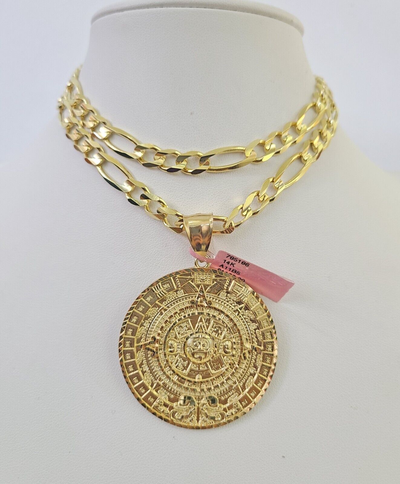 14k Solid Figaro Chain Mayan Calendar Charm Gold 7mm 20-30 inch SET Necklace