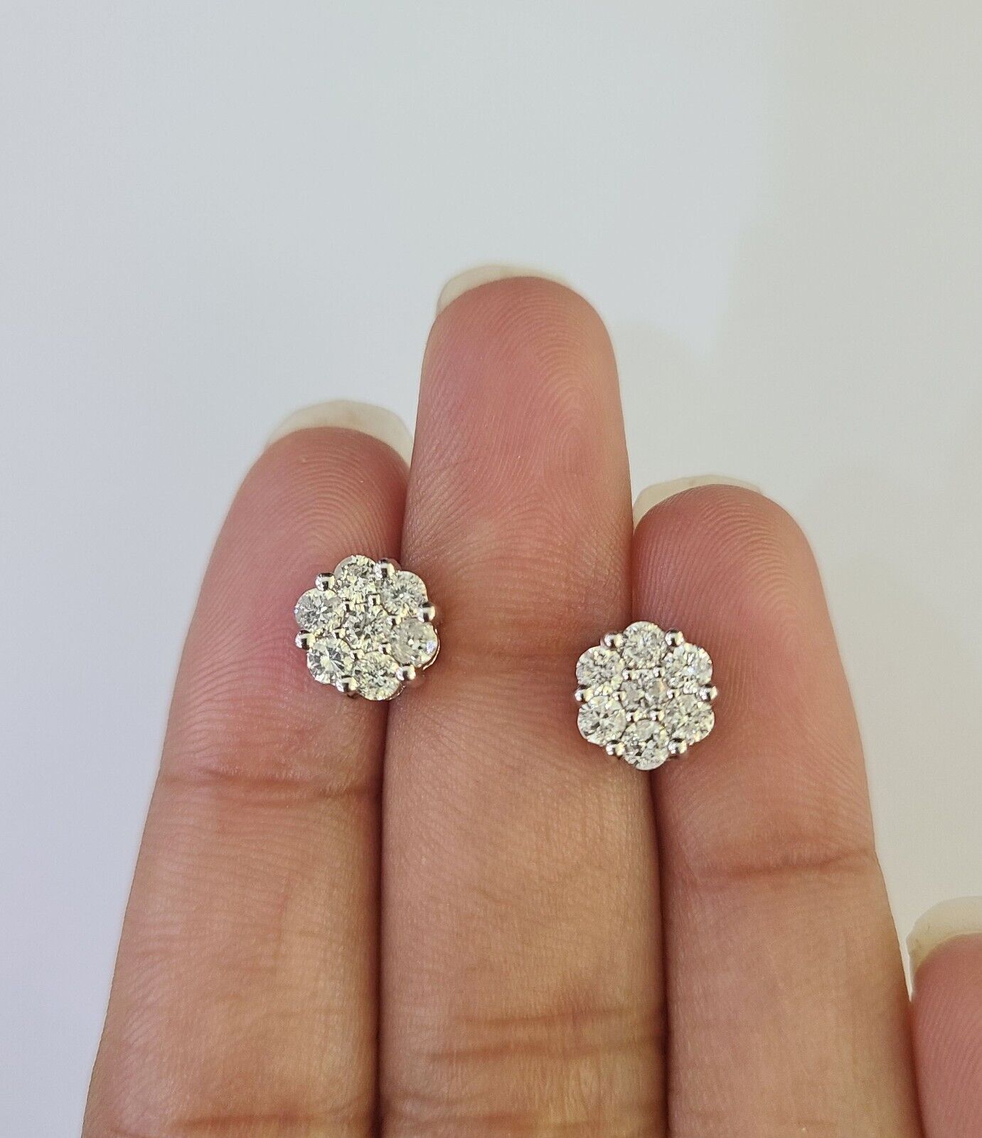 14k White Gold Flower Earrings Real Diamond Screw-Back Women Men Studs