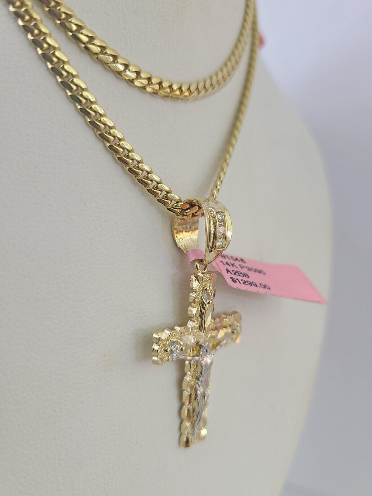 Real 14k Solid Chain Cross Charm Set Miami Cuban Link 3mm Necklace Pendant Gold