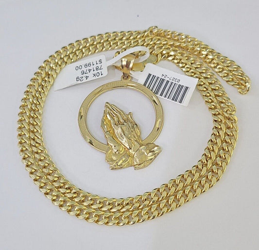 Real 10k Miami Cuban Chain Praying Hands Charm Set 4mm Yellow Gold Necklace