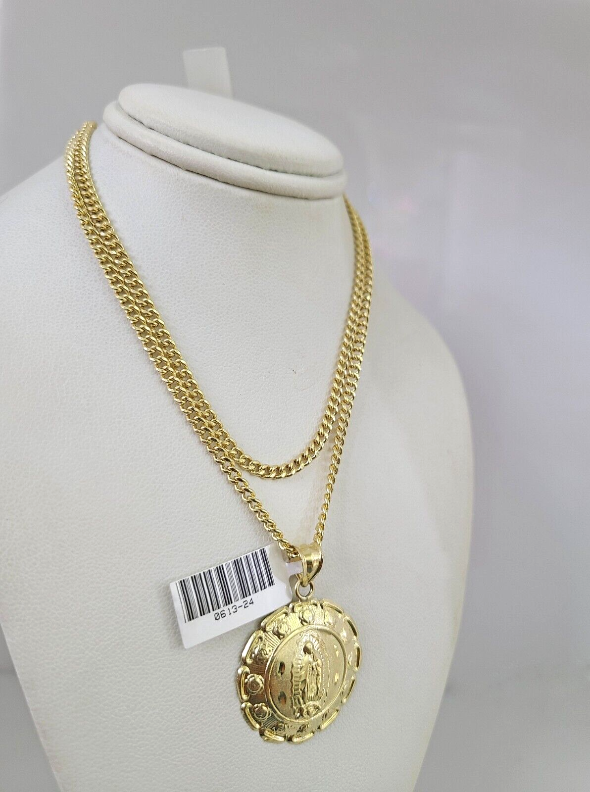 10k Gold Miami Cuban Chain Virgin Mary Charm Pendant 3mm 18-28in Necklace Set