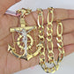 14k Solid Figaro Chain Jesus Anchor Charm Pendant Gold 7mm 20"-30" SET Necklace