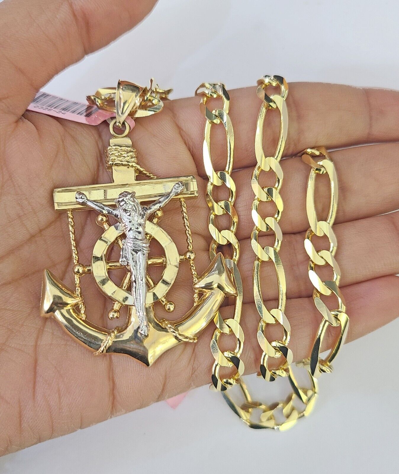 14k Solid Figaro Chain Jesus Anchor Charm Pendant Gold 7mm 20"-30" SET Necklace