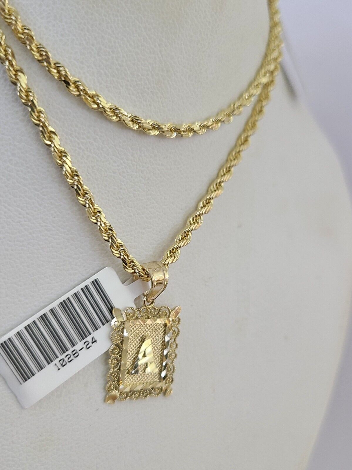 10k Gold Initial A Charm Rope Chain 16"-26" 2.5mm SET Necklace Alphabet Pendant