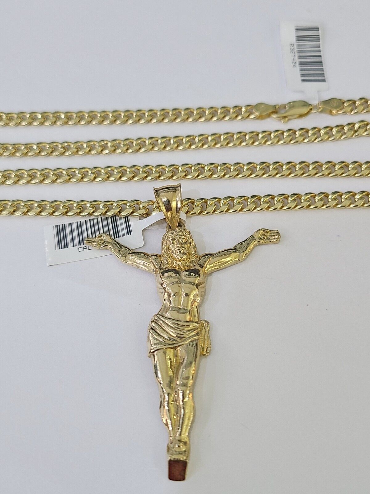 Real 10k Miami Cuban Chain Jesus Charm Set 4mm Yellow Gold Necklace Pendant