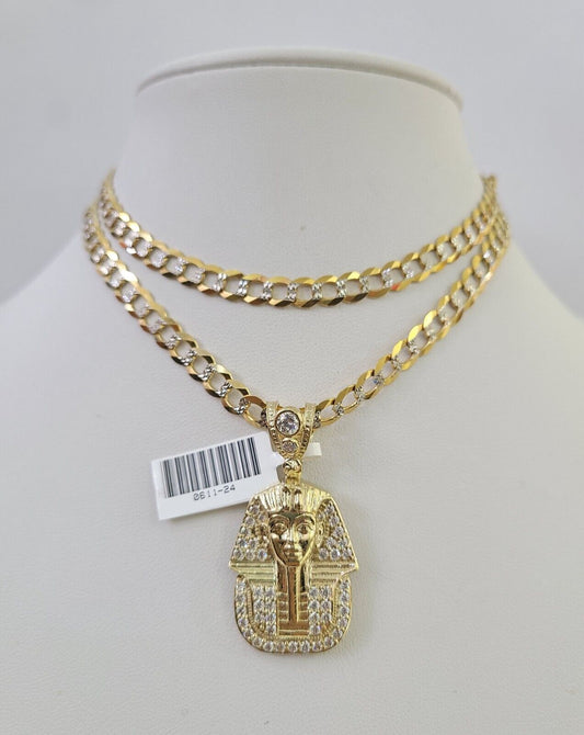 10k Solid Gold Cuban Curb Chain Pharaoh Pendant 6mm 20"-30" SET Necklace Charm