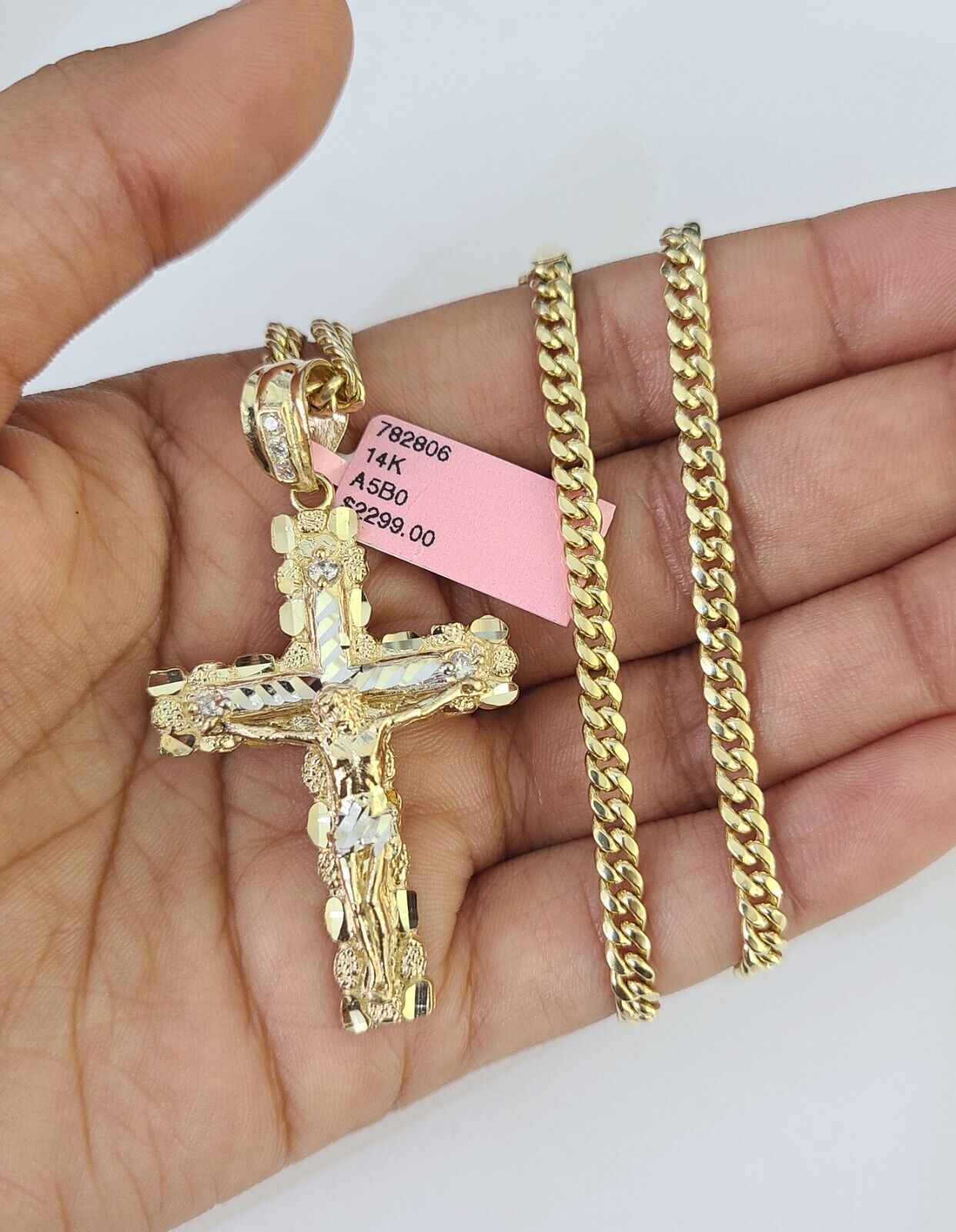 Real 14k Chain Cross Charm Set Miami Cuban Link 4mm Necklace Pendant Yellow Gold