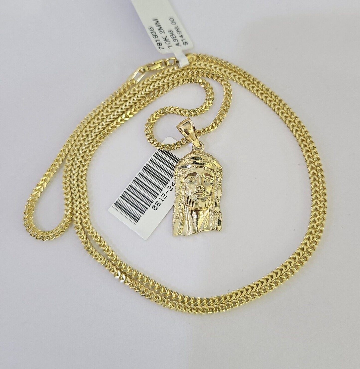 10K Franco Chain Jesus Head Pendant Charm Necklace 16"-24" 2mm Gold SET Yellow