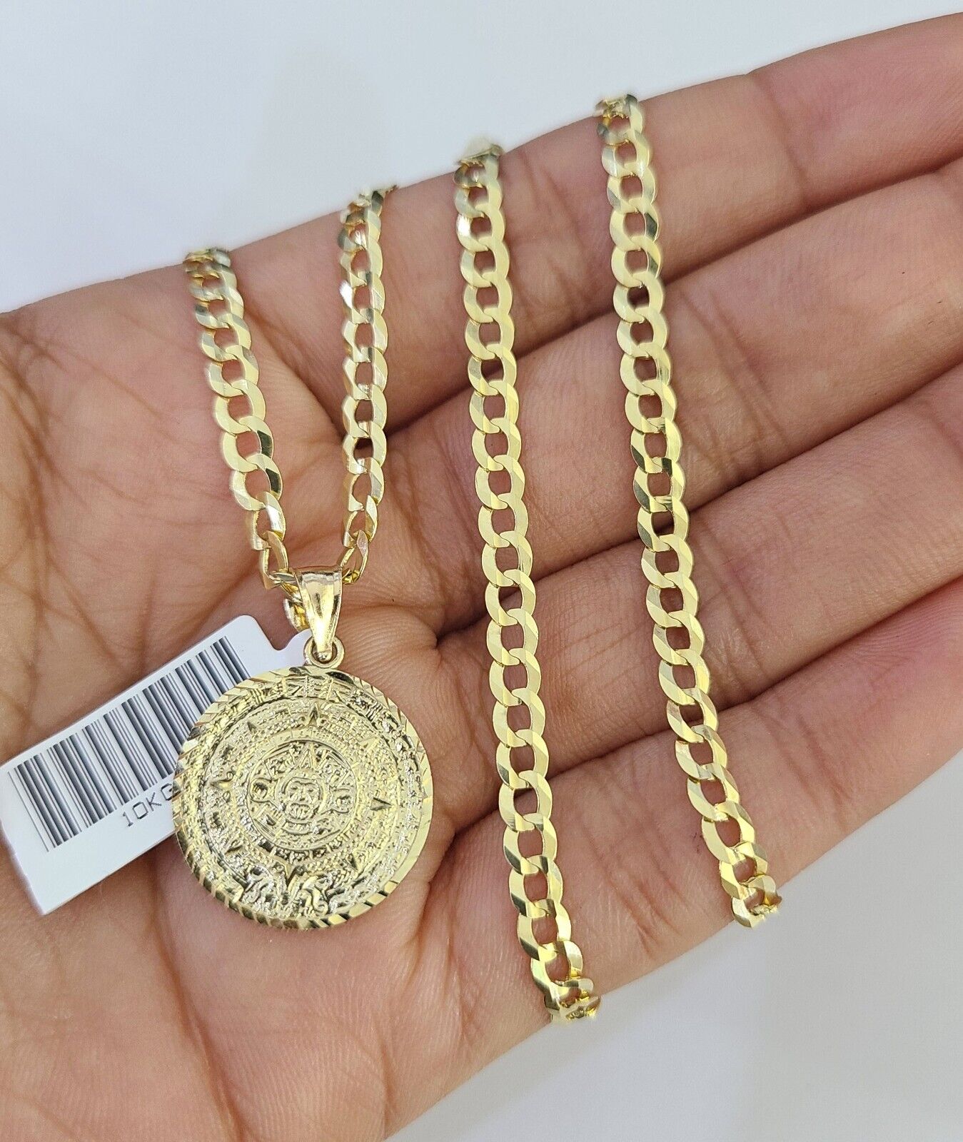 10k Gold Cuban Curb Chain Mayan Calendar Charm Solid 4mm 18"-28" SET Necklace