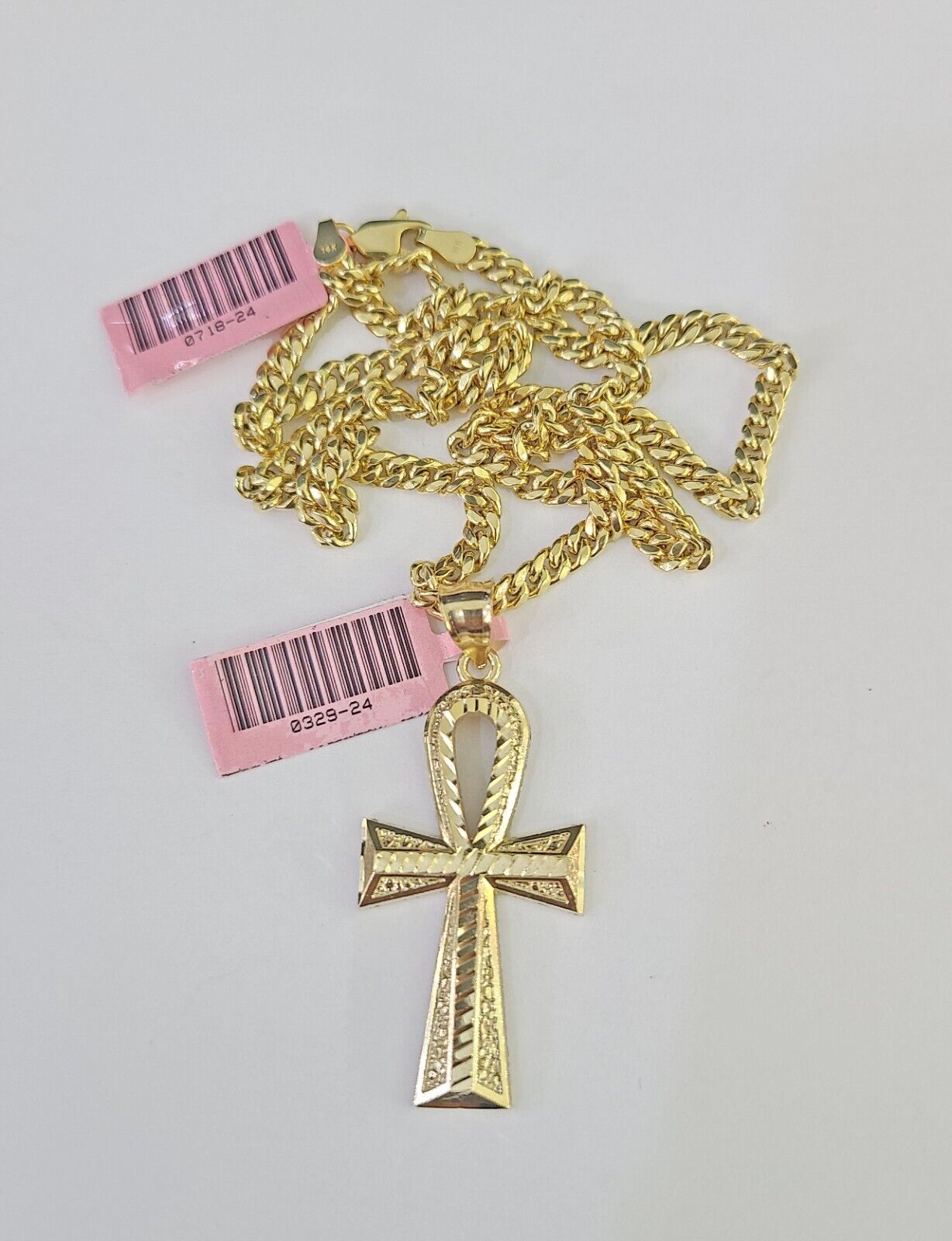 Real 14k Chain Cross Charm Set Miami Cuban Link 4mm Necklace Pendant Yellow Gold