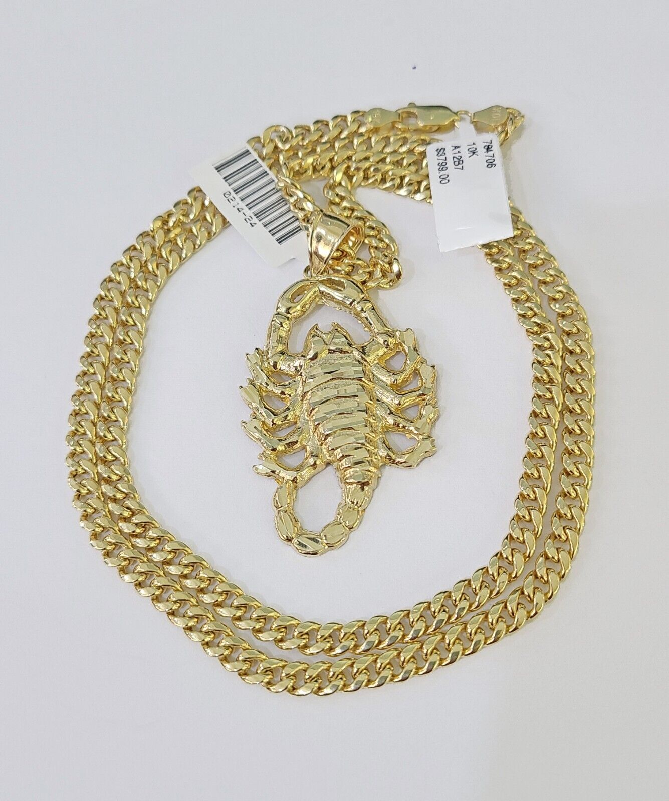 Real 10k Miami Cuban Chain Scorpion Charm Set 4mm Yellow Gold Necklace Pendant