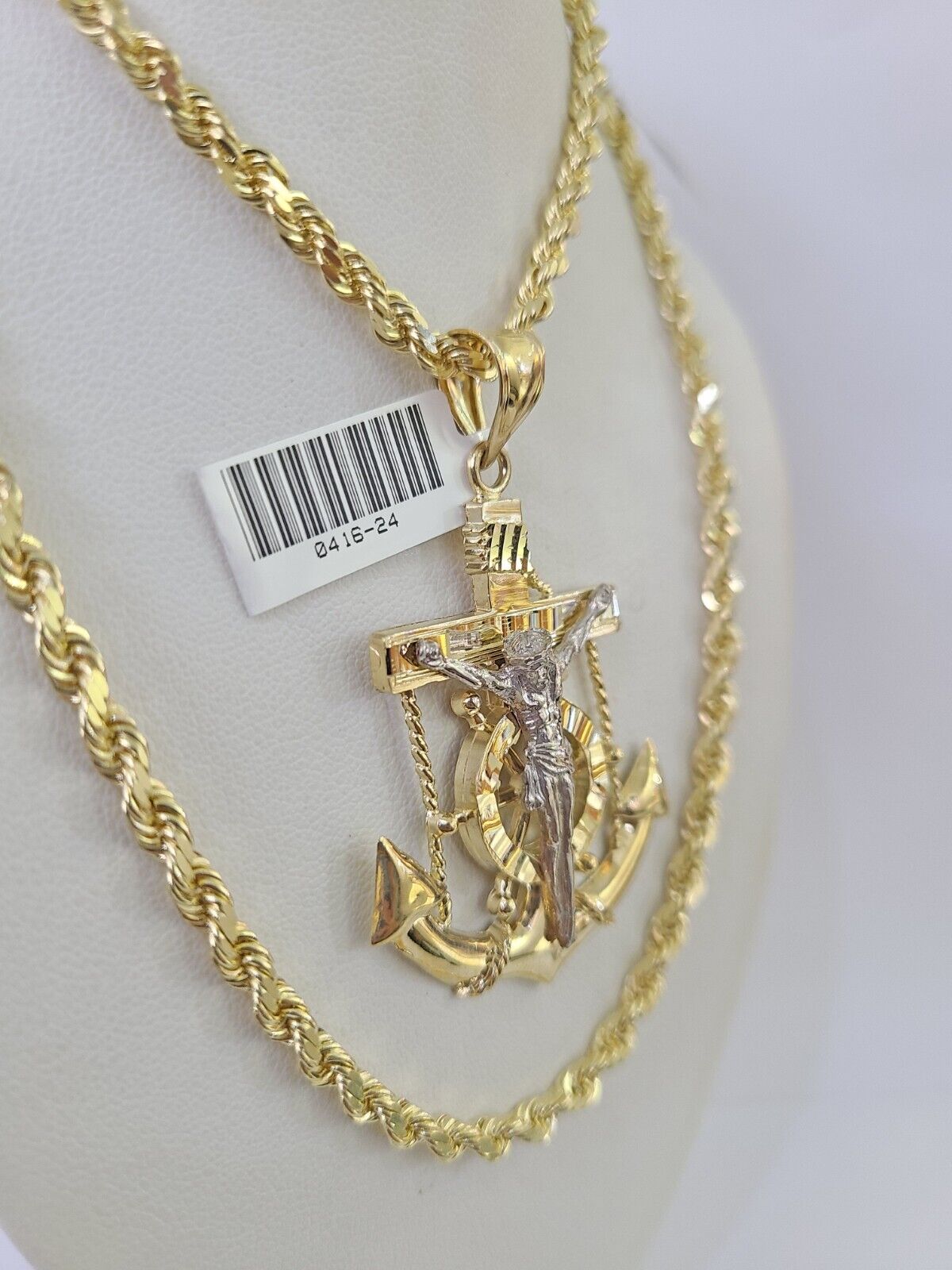 10k Solid Rope Chain Jesus Anchor Charm Set 4mm 20"-28" Necklace Gold Yellow