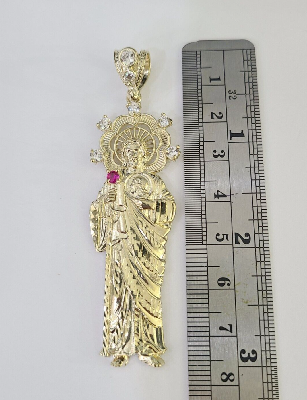 Real 10K Gold Saint Jude Charm Diamond Cut 10kt yellow Gold Pendent 3"