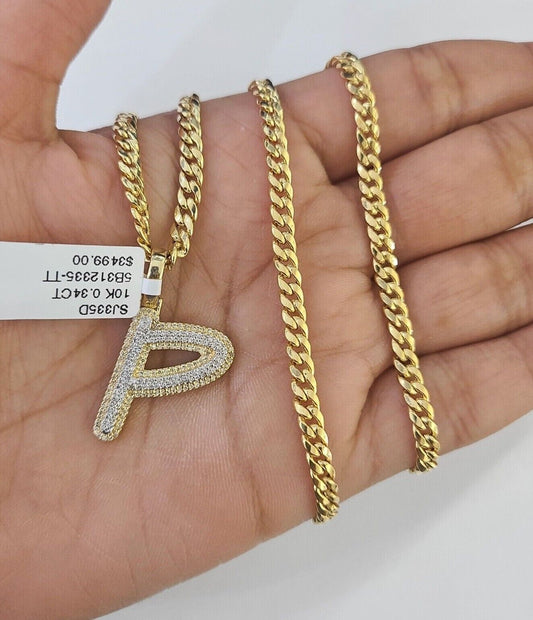 10k Miami Cuban Chain P Diamond Charm Set 4mm 18-26"Yellow Gold Necklace Pendant