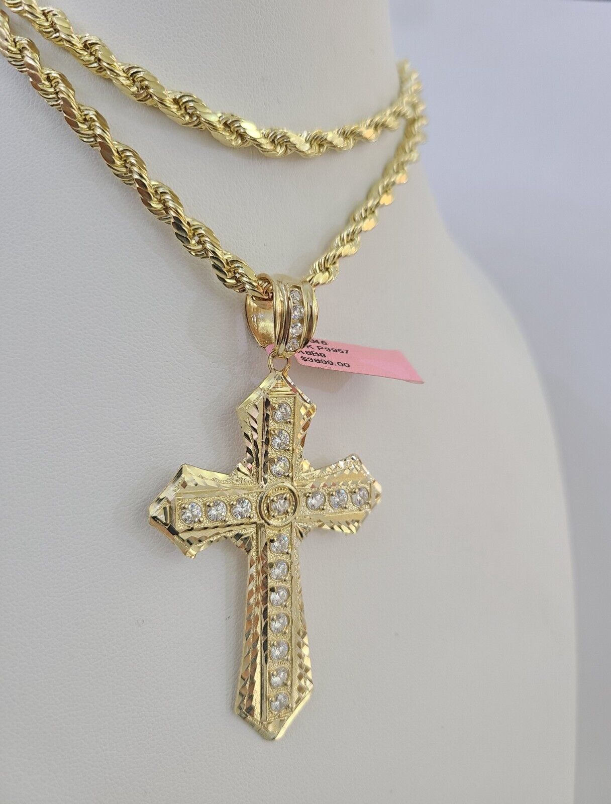 Real 14k Rope Chain Jesus Cross Charm Yellow Gold Set 5mm 20"-30" Necklace